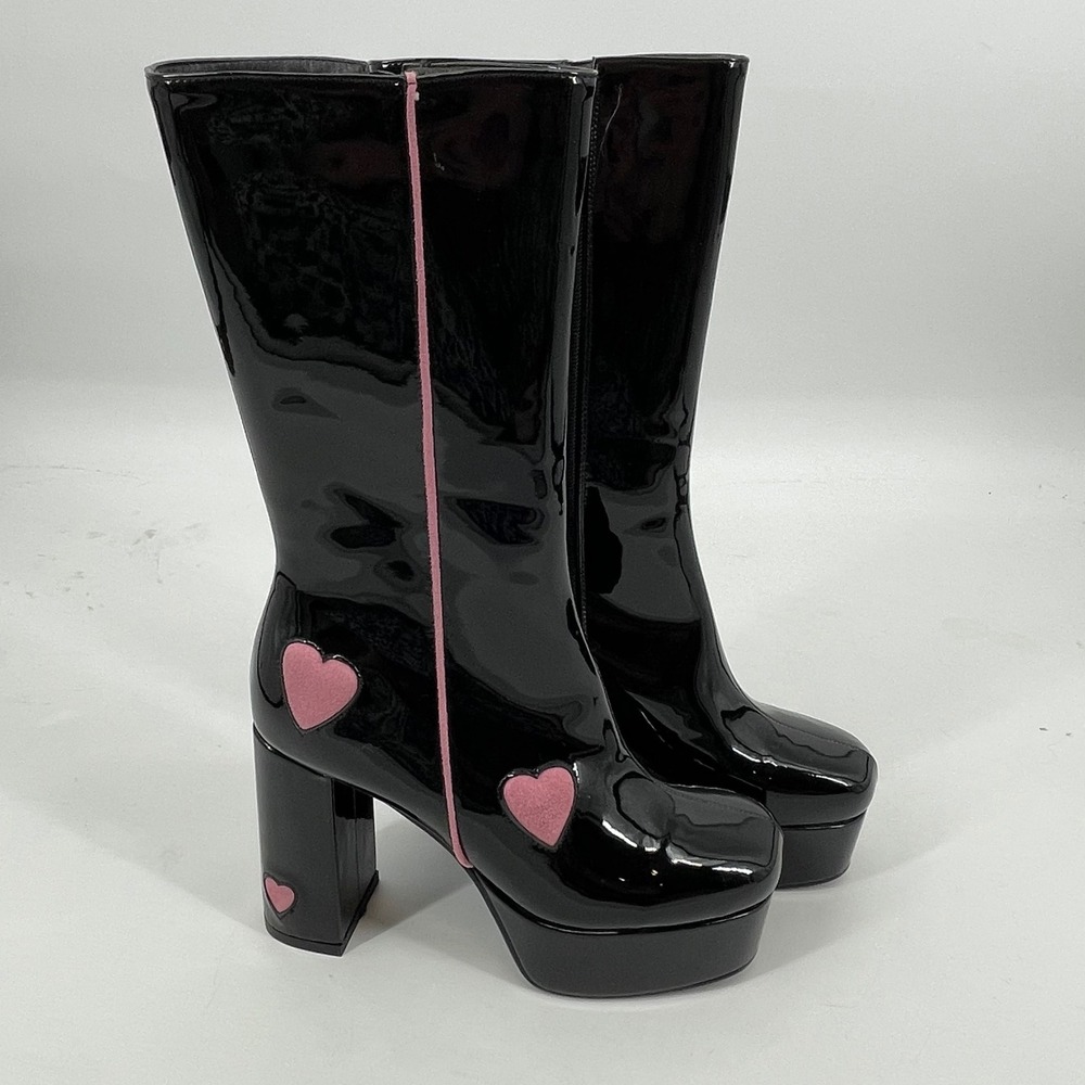 Dolls‎ Kill La Moda Platform Black Patent Leather Pink Heart Chunky Boots Sz 9